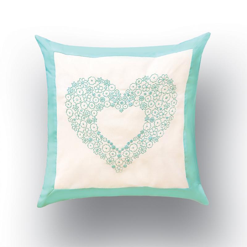 Cyan Embroidered Heart Cushion